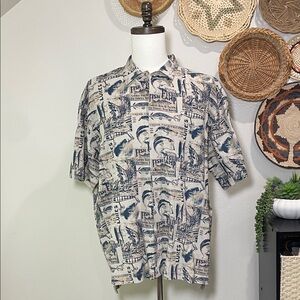 Mens Woolrich Lapis Fish Signs Camp Linen Blend Button Up Short Sleeve Shirt XL